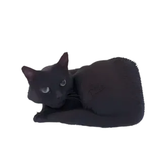 3D модель черной кошки, свернувшейся клубком, мирно отдыхающей, с головой, повернутой к зрителю.