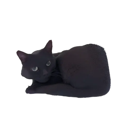 3D модель черной кошки, свернувшейся клубком, мирно отдыхающей, с головой, повернутой к зрителю.