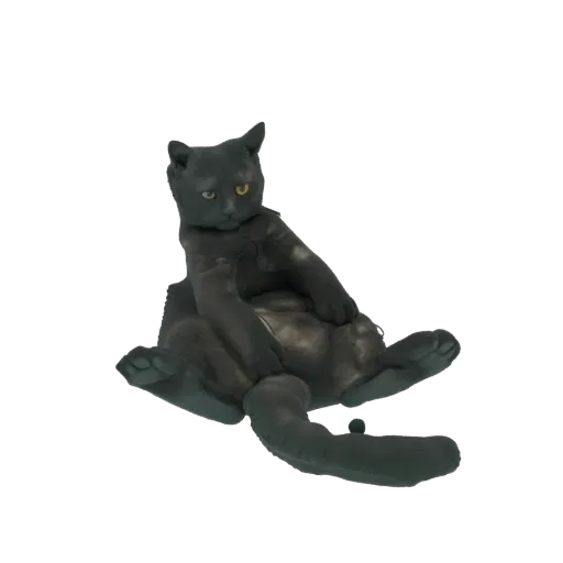 3D модель черной кошки, сидящей с расставленными лапами и наклоненной головой, смотрящей на зрителя желтыми глазами.