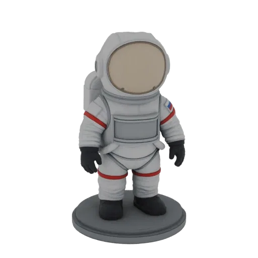 3D модель стилизованной фигурки космонавта в белом скафандре, с красными акцентами и эмблемой российского флага на серой подс