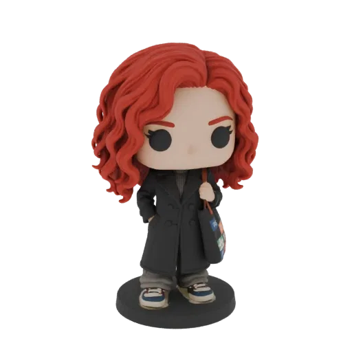 3D модель рыжеволосой девушки в стиле Funko Pop, в темном пальто и с яркой сумкой.