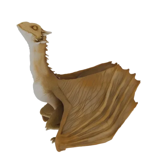 3D модель молодого дракона бледно-золотого цвета с закрытыми глазами, наклоненной вверх головой и широко раскинутыми крыльями