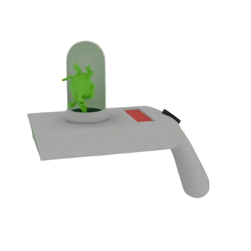 3D модель пистолета-портала Рика и Морти с зеленым инопланетянином в стеклянном контейнере на белом фоне.