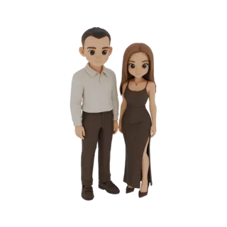 3D модель стилизованной пары: мужчина в рубашке с воротником и брюках, женщина в длинном темном платье с разрезом.