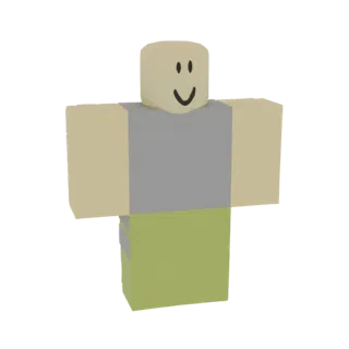 3D модель классического персонажа Roblox Noob с блочным телом, серой рубашкой, зелеными штанами и смайликом.