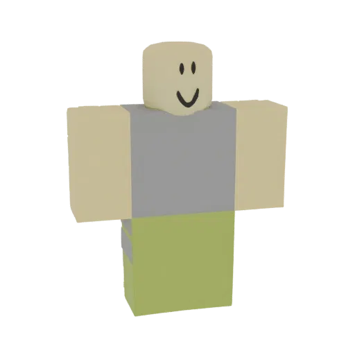 3D модель классического персонажа Roblox Noob с блочным телом, серой рубашкой, зелеными штанами и смайликом.