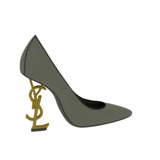 3D модель серых туфель Saint Laurent 'Cassandre' на высоком каблуке с золотым каблуком-логотипом YSL.