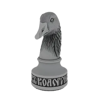 3D модель серой шахматной фигуры утки с детализированными перьями и основанием с надписью.