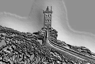 3D модель барельефа маяка на скале в стиле гравюры, с каменной лестницей и растительностью на переднем плане.