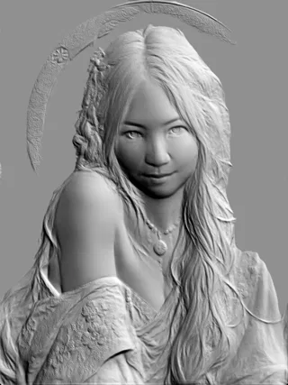 3D модель барельефа молодой женщины в стиле арт-нуво с волнистыми волосами и украшениями