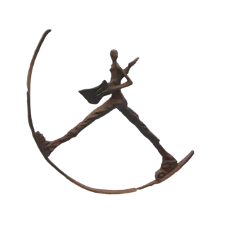 Рендер 3D модели абстрактной, вытянутой фигуры, играющей на гитаре, с динамичным, изогнутым основанием.