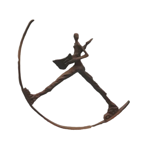 Рендер 3D модели абстрактной, вытянутой фигуры, играющей на гитаре, с динамичным, изогнутым основанием.