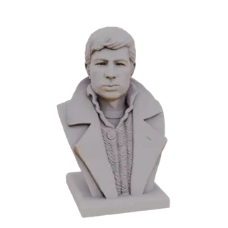 Рендер 3D модели серого бюста молодого человека в плаще поверх свитера с косами, вид спереди.
