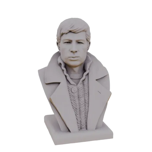 Рендер 3D модели серого бюста молодого человека в плаще поверх свитера с косами, вид спереди.