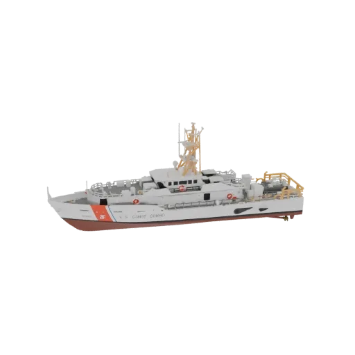 3D модель катера Береговой охраны США класса Sentinel, белый патрульный катер с оранжево-синей маркировкой корпуса.