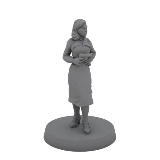 3D модель женщины-детектива 1940-х в костюме, с пистолетом, стоящая на круглом основании.