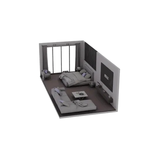 3D модель современной спальни с большой кроватью, угловым диваном и зоной развлечений с большим экраном.