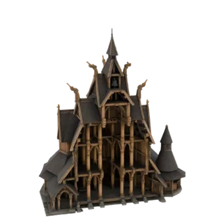 3D модель детализированной ставки викингов с темным деревянным экстерьером, сложным каркасом и украшениями крыши в виде голов