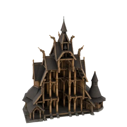 3D модель детализированной ставки викингов с темным деревянным экстерьером, сложным каркасом и украшениями крыши в виде голов