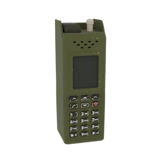 3D модель прочного мобильного телефона в военном стиле (олива) с маленьким экраном и физической клавиатурой.