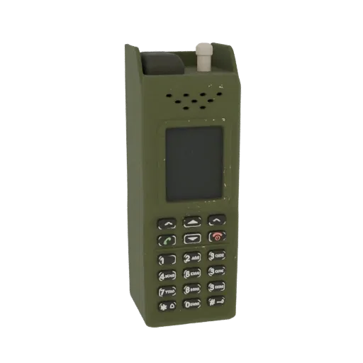 3D модель прочного мобильного телефона в военном стиле (олива) с маленьким экраном и физической клавиатурой.