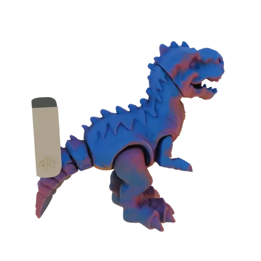 3D модель стилизованного динозавра-игрушки с сине-розовой мраморной текстурой, стоящая на черном фоне.