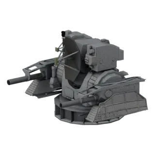 3D-модель современной корабельной установки CIWS с двумя пушками и радарными антеннами на черном фоне.