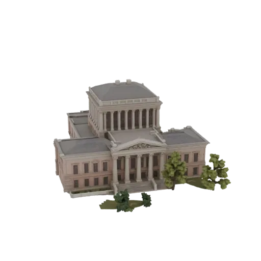 3D-модель усадьбы «Горки Ленинские» в стиле неоклассицизма с колоннами, террасой и парковыми аллеями