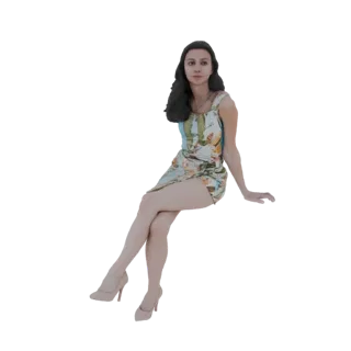 3D модель женщины в цветочном платье, сидящей со скрещенными ногами, смотрящей на зрителя.