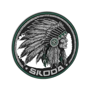 3D-модель эмблемы Skoda с индейским вождем в головном уборе из перьев, с названием Skoda внизу.