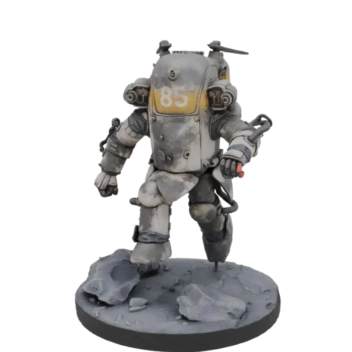 3D модель силовой брони Fallout Модель 85, стоящая на скалистом основании, с потертой серо-желтой броней.