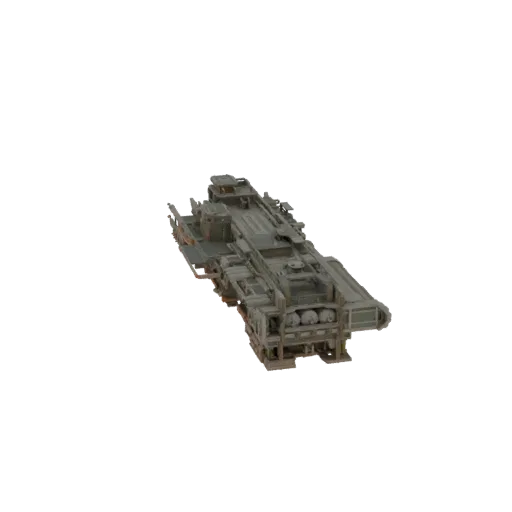 3D модель тяжелого промышленного грузового корабля с длинным сегментированным корпусом и утилитарным дизайном, вид под неболь