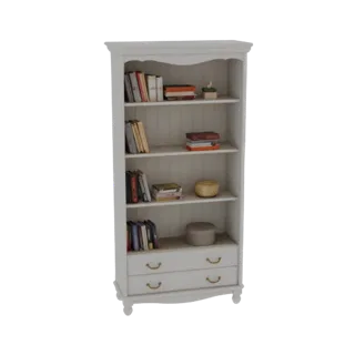 3D рендер классического белого деревянного книжного шкафа с четырьмя полками, заполненными книгами, и двумя ящиками внизу.