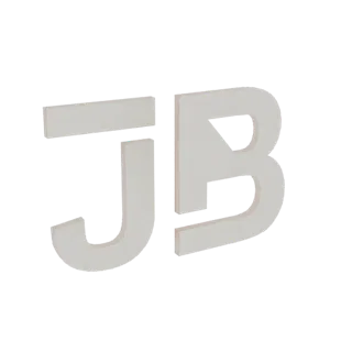 3D-рендер двух белых букв 'J' и 'B', расположенных рядом на белом фоне.