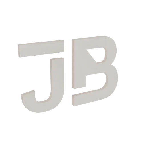 3D-рендер двух белых букв 'J' и 'B', расположенных рядом на белом фоне.