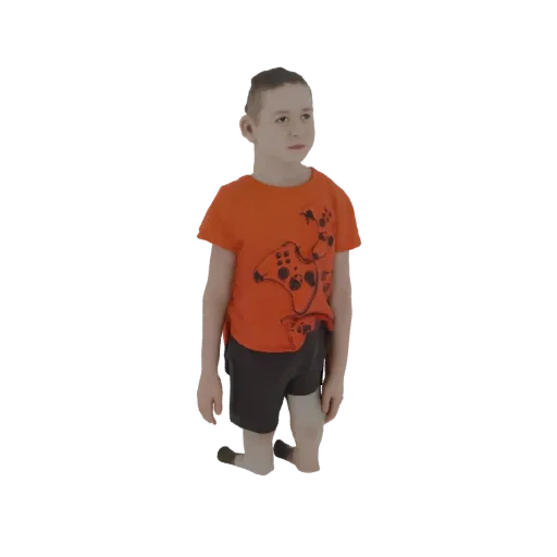3D модель мальчика в оранжевой футболке с принтом геймпада и темных шортах, стоящего и смотрящего в сторону.
