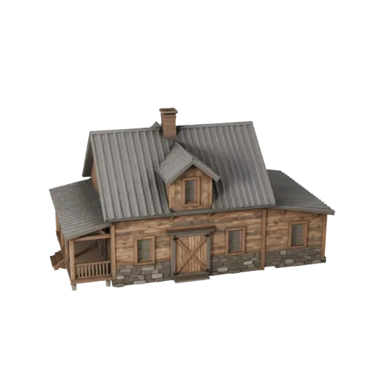 Реалистичная 3D модель фермерского дома, вид с трех четвертей снаружи, показывающий материалы жилого здания и архитектурные д