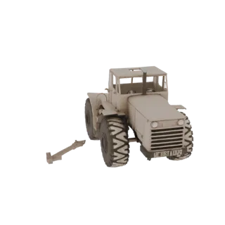 3D модель бежевого шарнирно-сочлененного трактора с большими шинами и тягово-сцепным устройством, показанная на белом фоне.