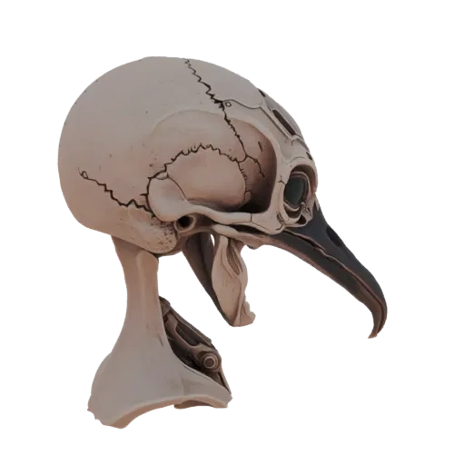 3D модель кибернетического черепа птицы с замысловатыми механическими деталями и острым клювом, представленная на белом фоне.