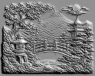 3D модель японского пейзажа с горой Фудзи, пагодой, мостом и деревом, выполненная в стиле барельефа.