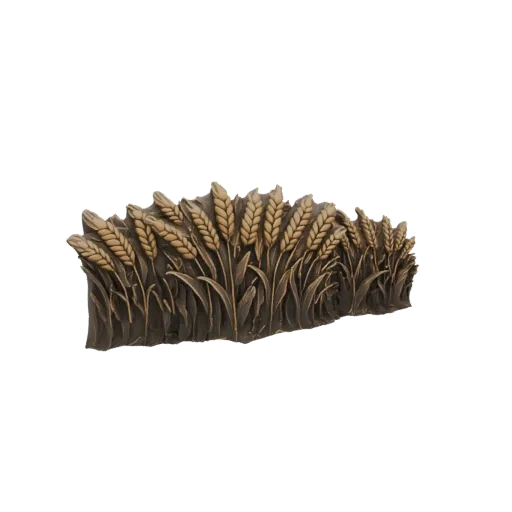 3D модель декоративного рельефа с рядом текстурированных колосьев и листьев пшеницы, выполненная в материале, похожем на брон