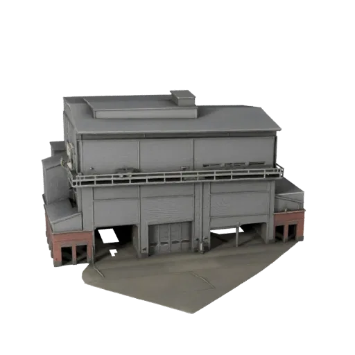 Реалистичная 3D модель сталелитейного завода, вид с трех четвертей снаружи, показывающий промышленные строительные материалы