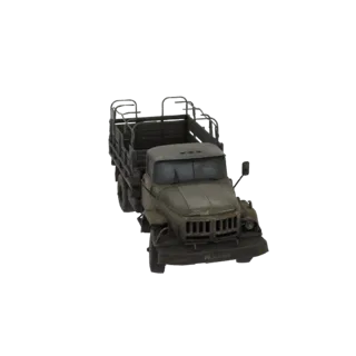 3D model of a weathered, olive-drab vintage military cargo truck with an open bed and detailed cab.