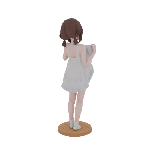 3D модель аниме девушки с каштановыми хвостиками, в белом платье и с полотенцем, вид со спины.