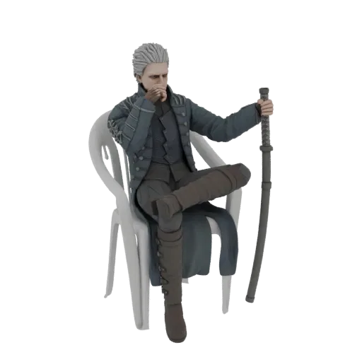 3D модель Вергилия из Devil May Cry, сидящего на стуле с мечом, в задумчивой позе.