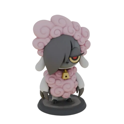 3D-модель Wooloo с розовой шерстью, темной эмо-челкой и золотым ошейником с колокольчиком, стоящая на темном основании.