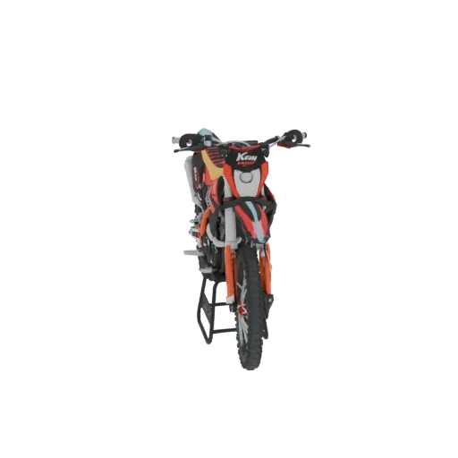 Вид спереди детализированной 3D модели мотоцикла KTM для мотокросса с оранжево-черной графикой.