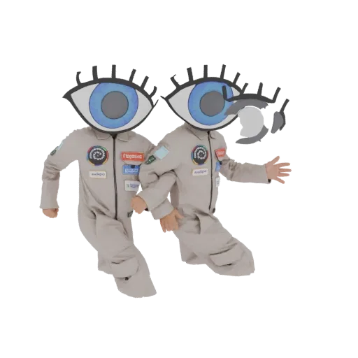 3D модель двух фигур в бежевых комбинезонах с большими синими масками вместо голов, бегущих вместе.