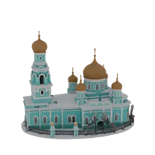 3D модель бирюзовой православной церкви с золотыми куполами и колокольней на белом фоне.