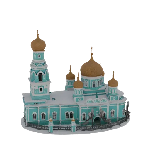 3D модель бирюзовой православной церкви с золотыми куполами и колокольней на белом фоне.
